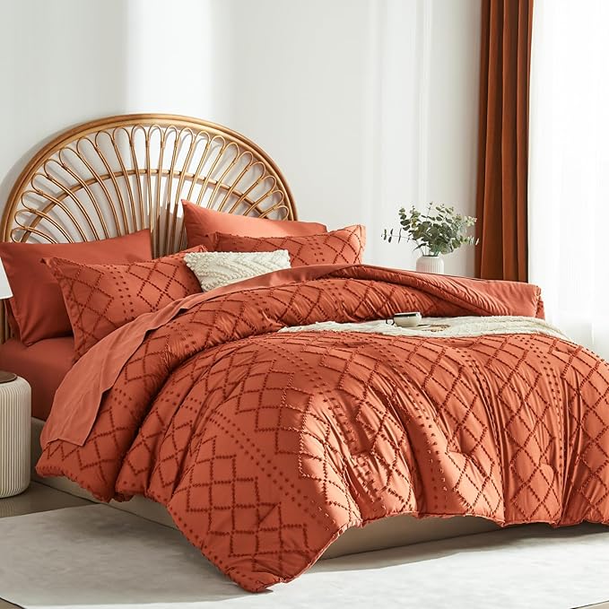Terracotta Tufted Comforter Set Queen Size 7 Piece Bed in a Bag,Shabby Chic Boho Comforter and Sheet Set,All Season Soft Microfiber Complete Bedding Set(Terracotta,90"x90")