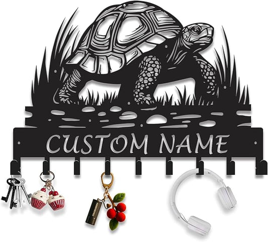 Custom Tortoise Metal Key Holder for Wall, Personalized Family Name Metal Sign with Hooks, Entryway Coat Rack and Organizer for Keys, Leashes, Hats (Style-4)