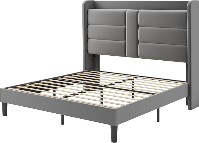 SHA CERLIN Queen Size Bed Frame with Charging Station & Storage Headboard, Velvet Platform Bed with Upholstered Modern Wingback Design, Wooden Slats Support, No Box Spring Needed, Easy Assembly, Grey