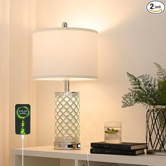 Modern Crystal Table Lamp - 24in Silver Bedroom Lamps 3-Way Dimmable Touch Lamp with Night Light, 2 USB Ports + AC Outlet, Bedside Night Stand Lamp for Living Room Office (Silver- 1 Pack 24In)