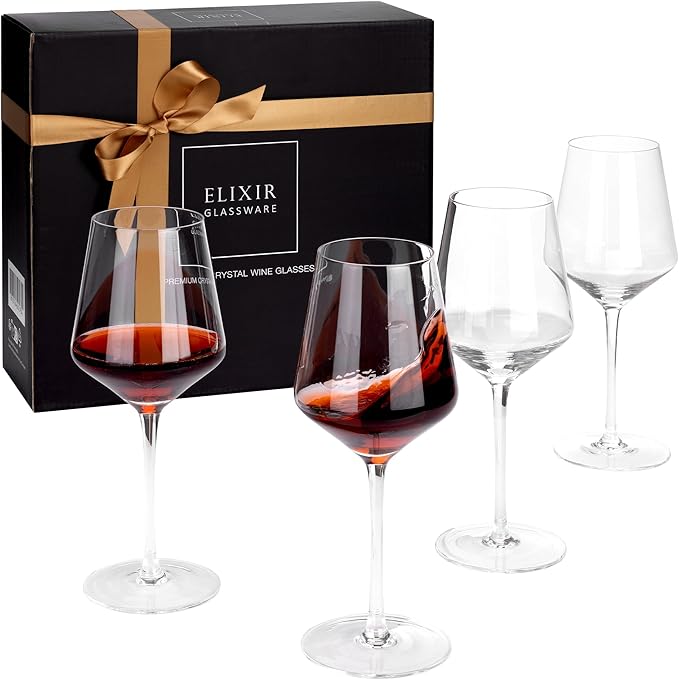 Elixir Red Wine Glasses Crystal Set of 4 - Red Wine Glass Set - Made from Crystal - Luxury Hand Blown Glass - Fancy Modern Style Cups - Sommelier Style for Luxurious Drinking