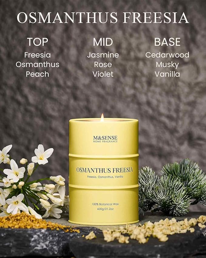 M&SENSE Osmanthus Freesia Scented Candles Large, Natural Soy Candles 21.2oz 120 Hour Christmas Decor,Christmas Candle for Stress Relief Meditation Relaxing,Gift for Her