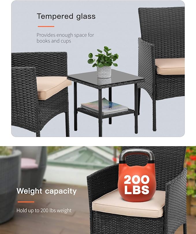 FDW Patio Furniture Sets 3 Pieces Outdoor Wicker Bistro Set Rattan Chair Conversation Sets with Coffee Table for Yard Backyard Lawn Porch Poolside Balcony,Black