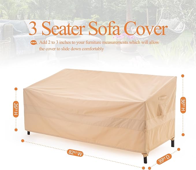 WJ-X3 Ripstop 3-Seater Outdoor Couch Cover, Heavy Duty Patio Sofa Cover,Waterproof & Wind Resistant,82W x 39D x 36H, Beige