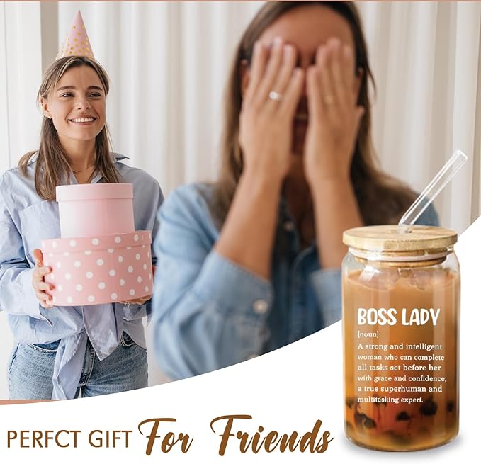 Boss Lady Glass Cup - 16oz with Lid and Straw, Thank You Boss Gift, Coworker Farewell Present