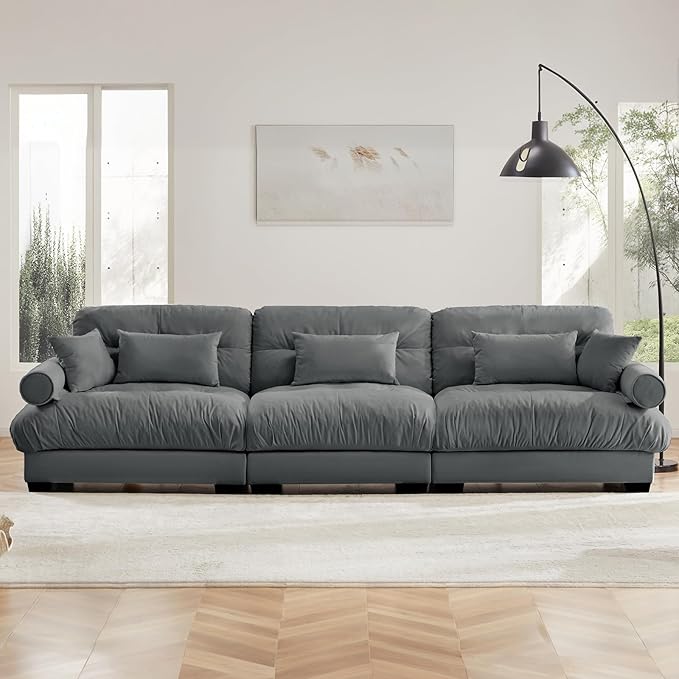 130" Grey Modular Sectional Sofa, 3 Seater Large Sectional Couches for Living Room, Velvet Fabric Oversized Fluffy Cloud Couch with Ottoman, Deep Seat Home Sofas Set, Sofá Moderno