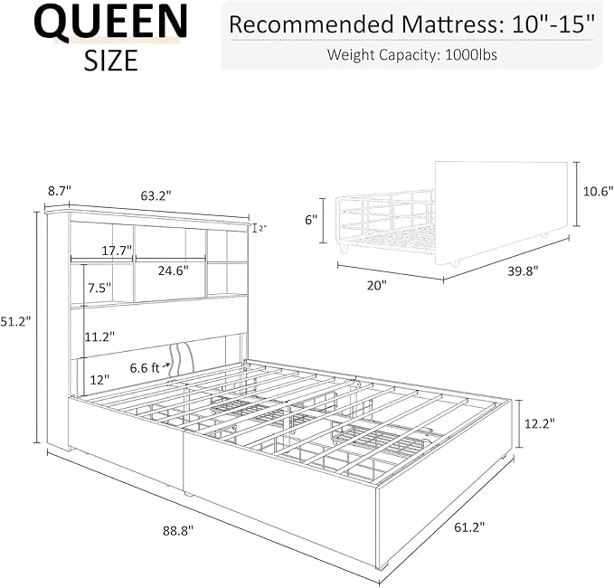 AMERLIFE Queen Size Bed Frame Wooden Platform Bed with 51.2" LED Storage Bookcase Headboard, 4 Storage Drawers & Charging Station/No Box Spring Needed/Noise Free/Rustic Brown