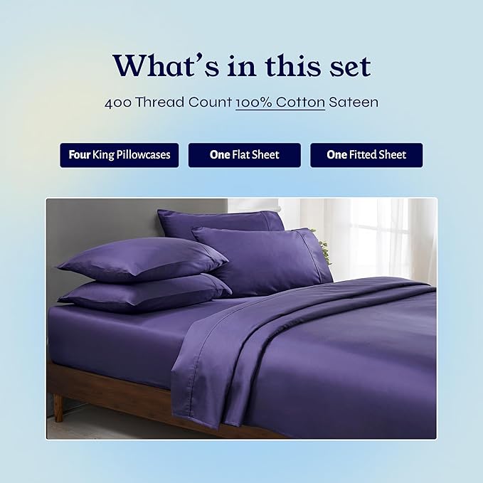 California Design Den 6-Pc King Size Sheet Set with 4 Pillowcases - Soft 400 Thread Count 100% Cotton Sheets, Cooling Sateen Weave, Luxury Deep Pocket Bedsheets Set - Dark Purple