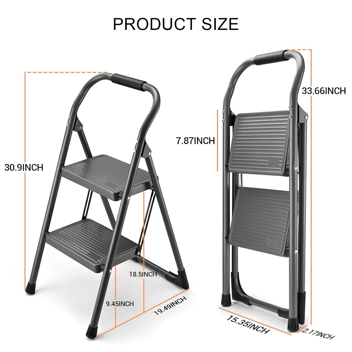 Step Stool for Adults,2 Step Ladder Folding 330lbs Anti Slip Step Stool,Foldable Ergonomic 2 Steel Stool with Wide Pedal for Home, Kitchen, Office (Gray)