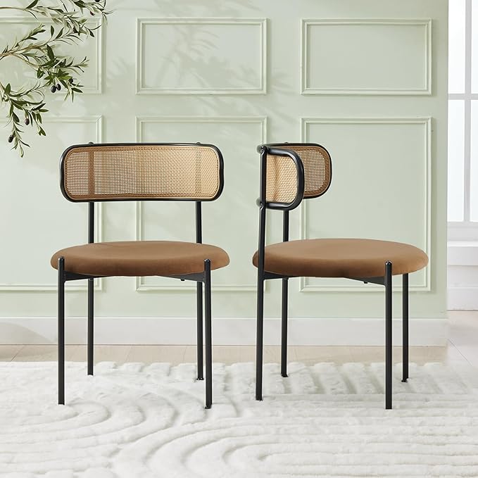 Rattan Dining Chairs Set of 6, Mid Century Modern Dining Chairs with Cane Back and Boucle Upholstered Seat, Farmhouse Kitchen Chairs for Dining Room and Living Room, Brown