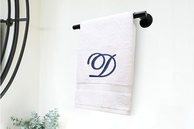 White Monogrammed Hand Towels for Bathroom - Luxury Hotel Quality Personalized Initial Embroidered Towel for Powder Room, Spa - GOTS Organic Certified - Set of 2 Navy Letter D