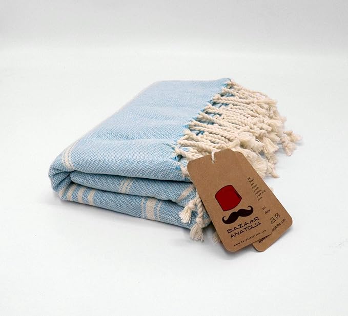 Bazaar Anatolia Slim Line Turkish Towel 100% Cotton Peshtemal Beach Towel 76x38 Thin Lightweight Travel Camping Bath Sauna Gym Pool Blanket Quick Dry Towels (Turquoise) - Made in Turkiye