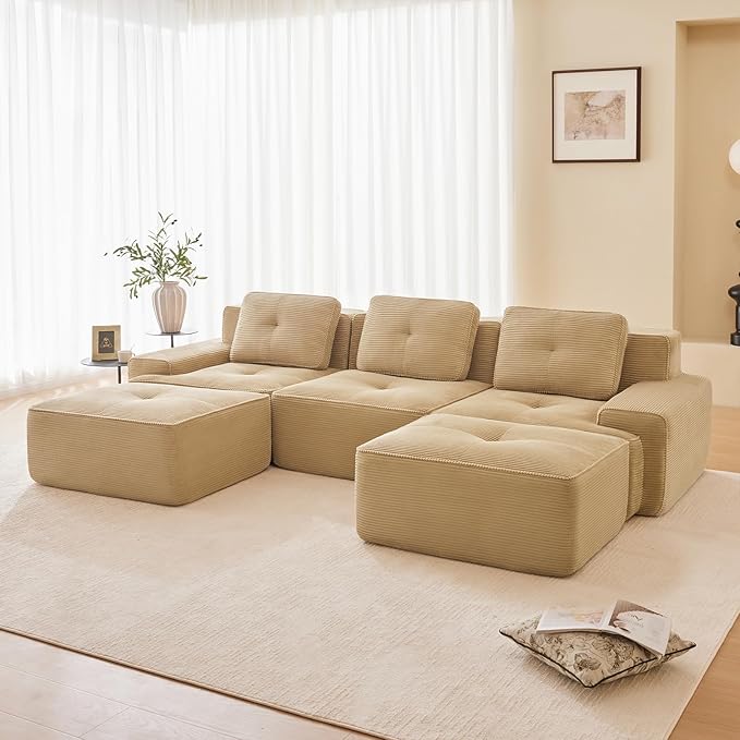 115" Modern Corduroy Cloud Sofa with Ottoman, U Shaped Boneless Modular Large Sectional Couches for Living Room, Camel 3 Seater Compressed Memory Foam Couch, Extra Deep Seat, No Assembly