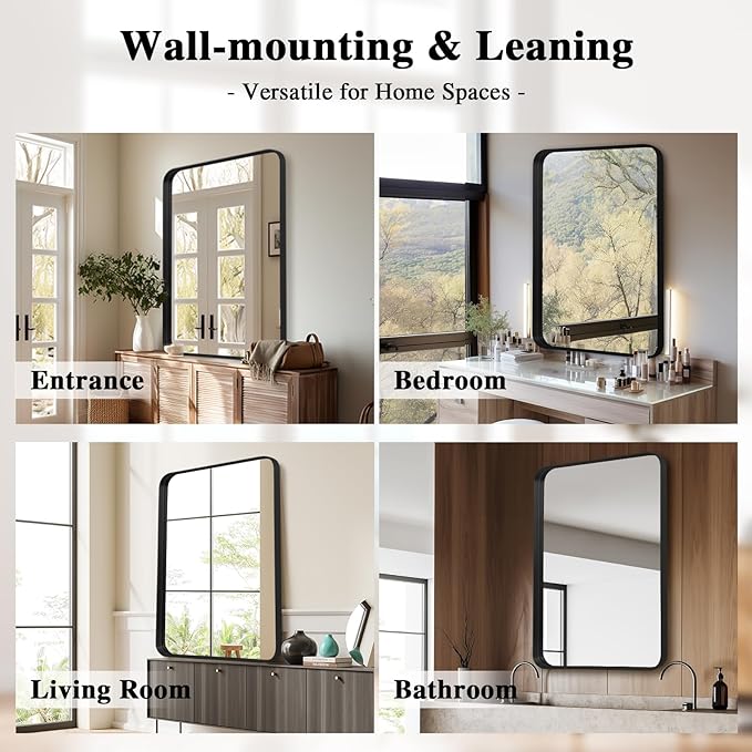 Wall Mirror 30" x 40" for Bathroom Black Metal Deep Frame Mirror for Wall Decorative Rectangular Round Corner Wall Mounted Vanity Mirror for Bedroom Living Room Entryway Wall Decor