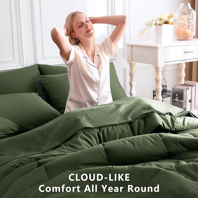 CozyLux Queen Comforter Set Olive Green, 7 Pieces Bed in a Bag, Green Comforter Queen Size, All Season Bedding Sets with Stitch Quilted Comforter, Flat Sheet, Fitted Sheet, Pillowcases