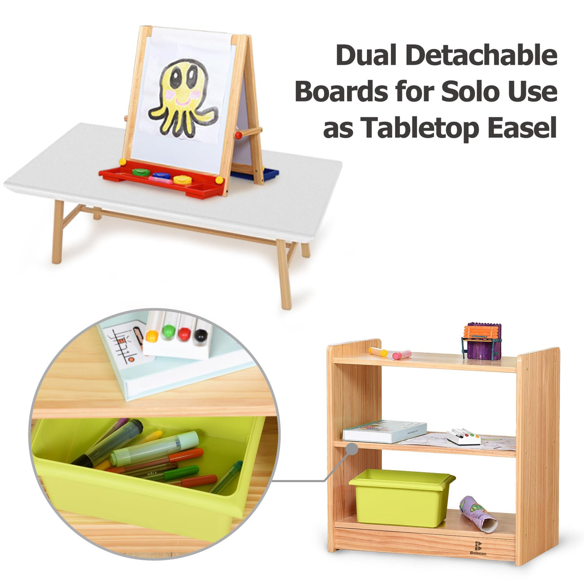 Bolocon Wooden Kids Double-Sided Magnetic Art Easel w/ 2-Tier Storage Shelf