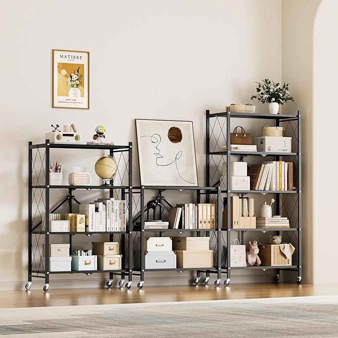 HealSmart 4-Tier Heavy Duty Foldable Metal Rack Storage Shelving Unit with Wheels Moving Easily Organizer Shelves Great for Garage Kitchen, Black