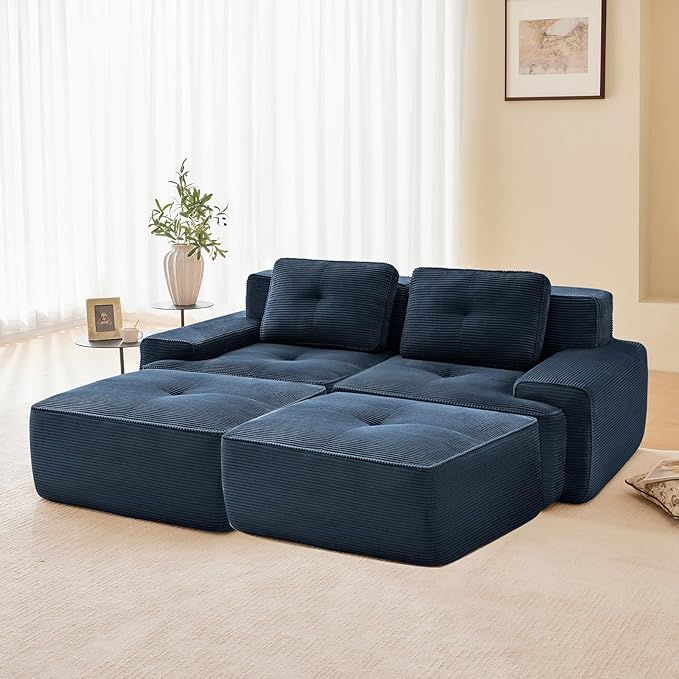 80" Modern Corduroy Boneless Love Seat Couches with 2 Ottomans, 2 Seater Large Sectional Couches for Living Room, Blue Cloud Modular Sectional Sofa, Memory Foam, Extra Deep Loveseat, No Assembly