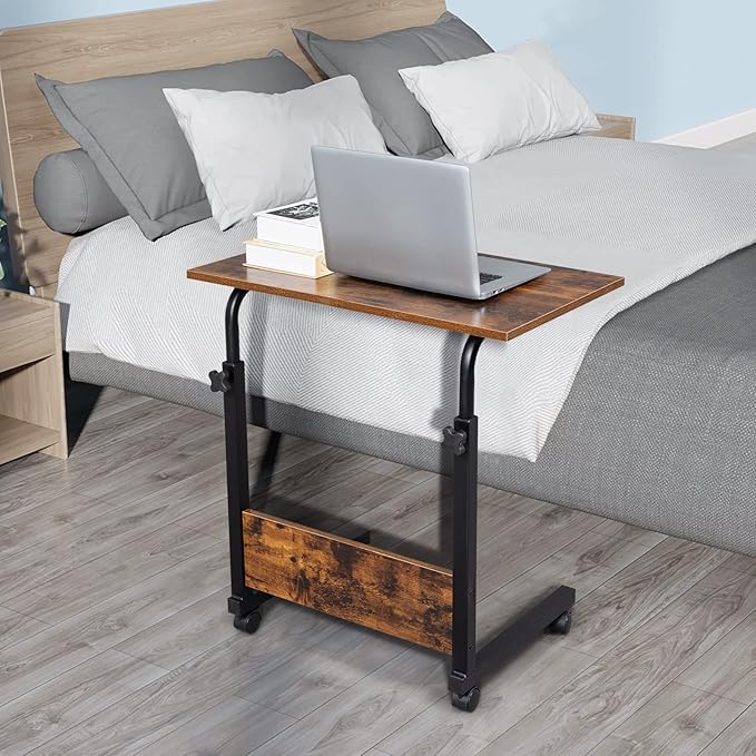 Goujxcy Sofa Side Table C Shaped End Table with Wheels, Rolling Bedside Laptop Table Snack Table TV Tray, Height Adjustable, Wooden Top & Metal Frame