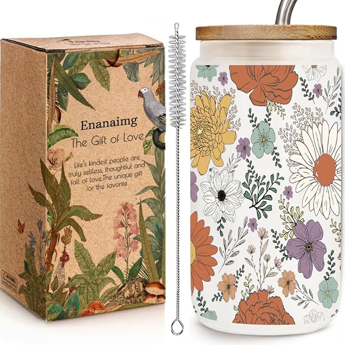 Floral Daisy Iced Glass Cups with Bamboo Lids and Straws 16oz Wildflower Gift for Women Cute Flower Drinking Glass with Cleaning Brushes, Flower Gifts for Mother Birthday Bridesmaid Party