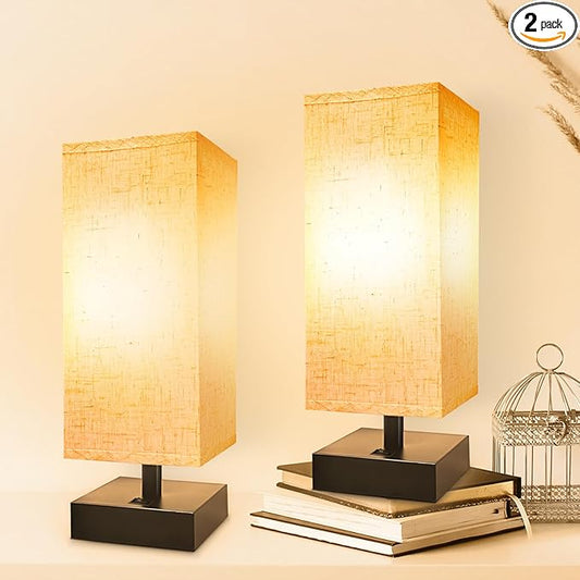 Small Bedside Lamp, Mini Minimalist Table Lamp with Square Flaxen Fabric Shade, 11 Inch Desk Reading Lamp for Bedroom, Living Room, Office, 2 Pack