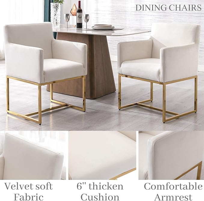Upholstered Dining Chairs with Arms Set of 2 Mid Century Modern Accent Chairs Armchairs with Gold Metal Frame, Velvet Modern Kitchen & Dining Room Chairs, Cream
