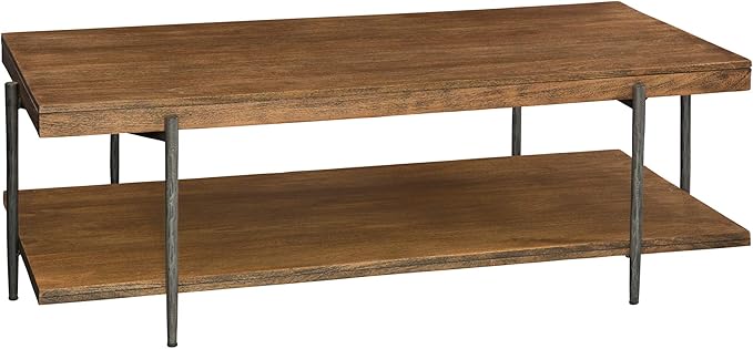 Hekman Bedford Park Wooden Rectangular Coffee Table with Lower Shelf, Solid Wood and Forged Iron Base, Mid-Century Modern Coffee Table, Natural Wood Finish, Ideal Living Room, Park and Home Furniture