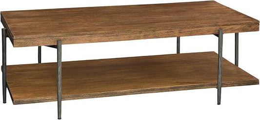 Hekman Bedford Park Wooden Rectangular Coffee Table with Lower Shelf, Solid Wood and Forged Iron Base, Mid-Century Modern Coffee Table, Natural Wood Finish, Ideal Living Room, Park and Home Furniture