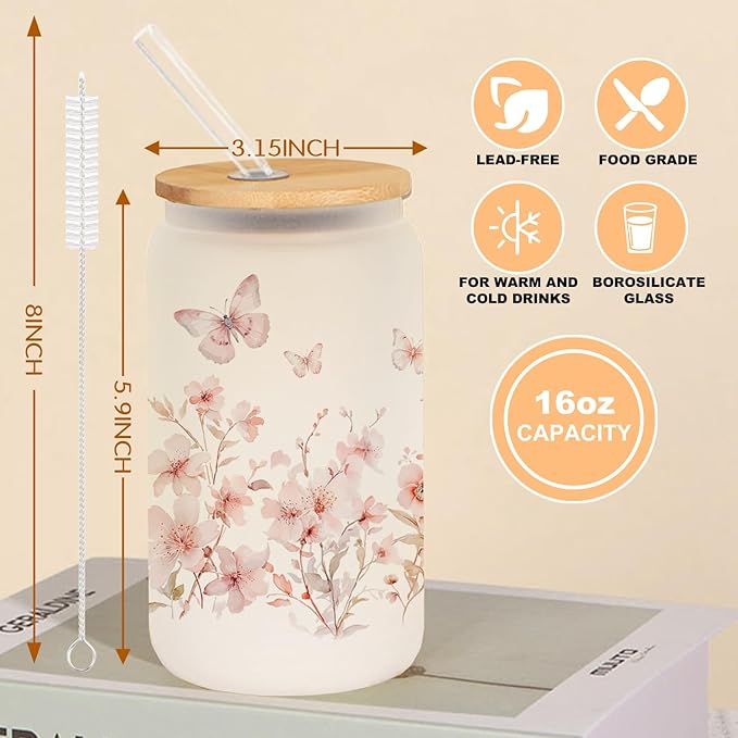 Butterfly Cup With Lids and Straw, Aesthetic Iced Coffee Glass, Butterfly Gifts for Women Friend Sister Her, Colorful Flower Cup, Can Glass