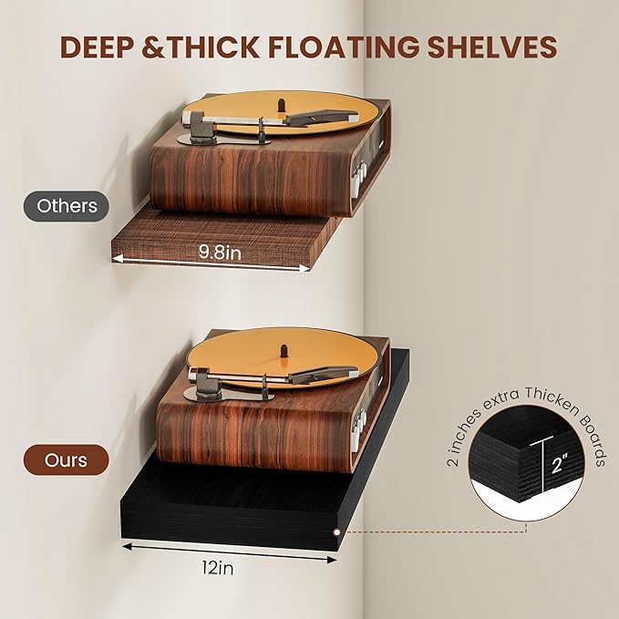 Vivelove 2" Thick Floating Shelves for Wall 55 Inches Long, 12" Deep Wall Shelves, for Bedroom, Bathroom, Living Room, Kitchen, Office, Modern Home Decor, 55" X 12" X 2", Set of 2, Black