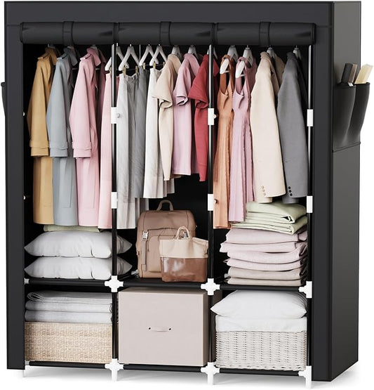 Mavivegue Portable Closet, Wardrobe Closet Organizer with Cover, 3 Hanging Rods and Shelves,Large Capacity for Bedroom, Living Room (Black, 50" W x 17" D x 64" H)