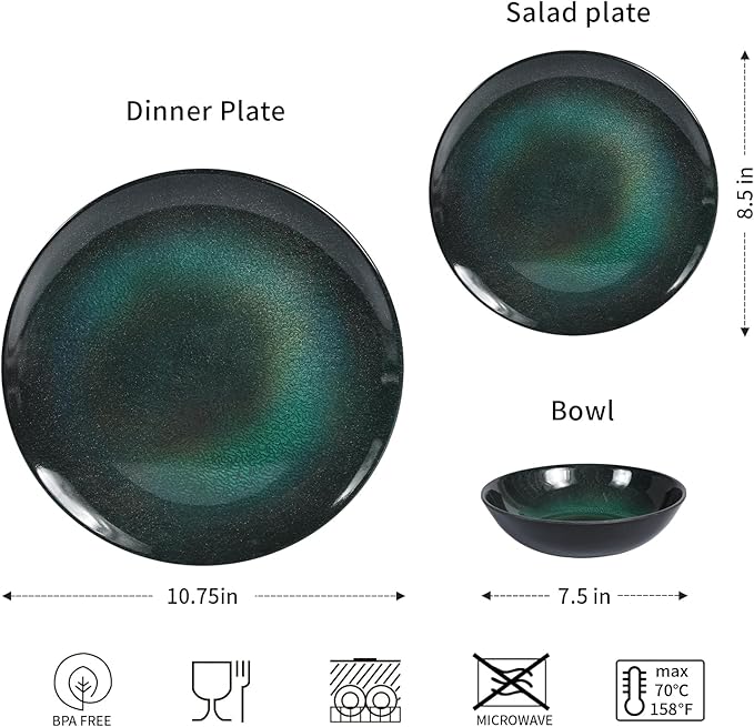 Melamine Dinnerware Set, 12pcs Plates and Bowls Set, Green Dinner Dishes Set for Indoor and Outdoor, BPA-Free, Dishwasher Safe（Green）