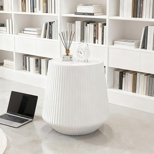 White Round Coffee Table with Sintered Stone Tabletop, 17.71" Drum Coffee Table with Fluted PU Leather Covered and Stable Base, Circle Cocktail Tea Table for Living Room