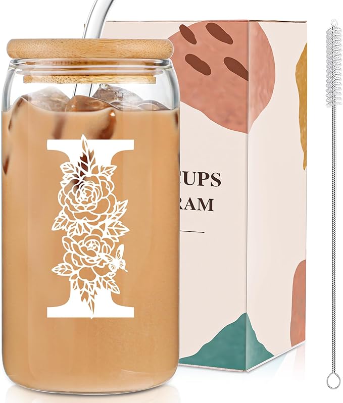Christmas Gifts for Women: Initial Glass Cup as Office Graduation Memorial Holiday Personalized Gifts - for Mom Grandma Wife Girlfriend Sister Daughter Friend Christmas Gifts - I Aesthetic Cup