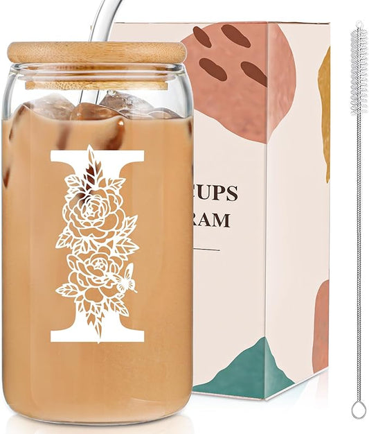 Christmas Gifts for Women: Initial Glass Cup as Office Graduation Memorial Holiday Personalized Gifts - for Mom Grandma Wife Girlfriend Sister Daughter Friend Christmas Gifts - I Aesthetic Cup