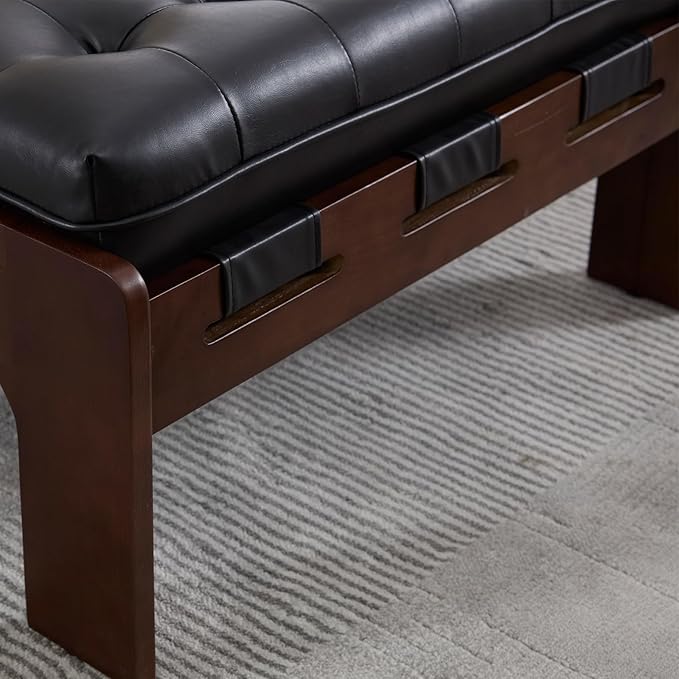 Kmax Coffee Table, 30 Inch Black Leather Ottoman Coffee Table Square Upholstered Dark Wood Center Table Tufted Tea Table for Living Room - PU, Black