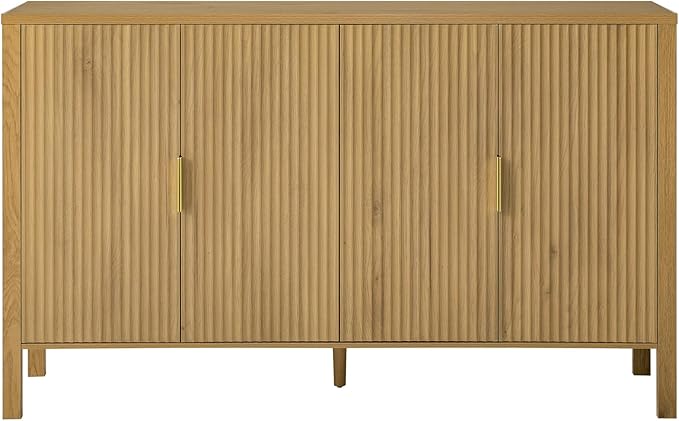 57.5'' Modern Console Table Sofa Table with Storage Racks & Side Hooks, Accent Stripe 4-Door Buffet Sideboard Serving Storage Cabinet with Adjustable Shelves for Living Room Kitchen (Natural-NEW)