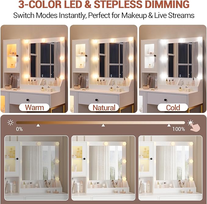 Vanity Desk with Mirror and Lights, Makeup Dressing Table w/Adjustable Bulbs, Outlets & USB Ports, Sturdy MDF Top & Metal Leg, Smart Storage Drawers & Cabinets for Bedroom