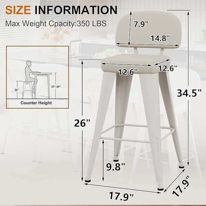 Aklaus PU Leather Metal Bar Stools 26 inch Faux Leather Counter Height Barstools Set of 2 Modern Farmhouse Bar Chairs with High Backs and Faux Leather Seat for Kitchen Island Dining Room Off White