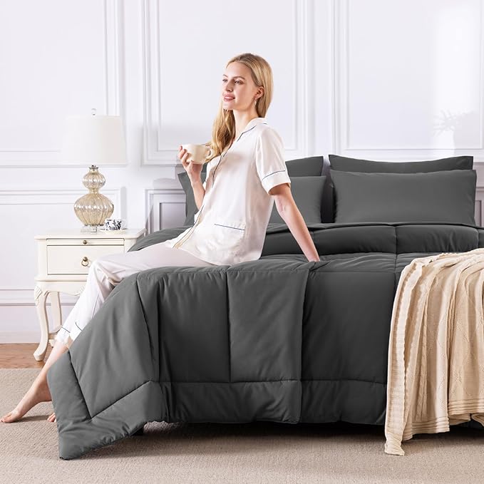 CozyLux Twin Comforter Set with Sheets Dark Grey, 5 Pieces Bed in a Bag, Dark Gray Comforter Twin Size, All Season Bedding Set with Stitch Quilted Comforter, Flat Sheet, Fitted Sheet, Pillowcases