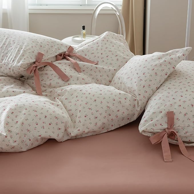 Floral Print Bedding Duvet Cover Twin XL Pink Flower Duvet Cover Cotton Floral Botanical Comforter Cover Girls Cottagecore Bedding Set Vintage Country Comforter Cover with 2 Bowknot Pillowcases