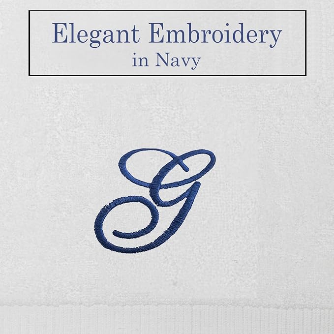 White Monogrammed Hand Towels for Bathroom - Luxury Hotel Quality Personalized Initial Embroidered Towel for Powder Room, Spa - GOTS Organic Certified - Set of 2 Navy Letter G