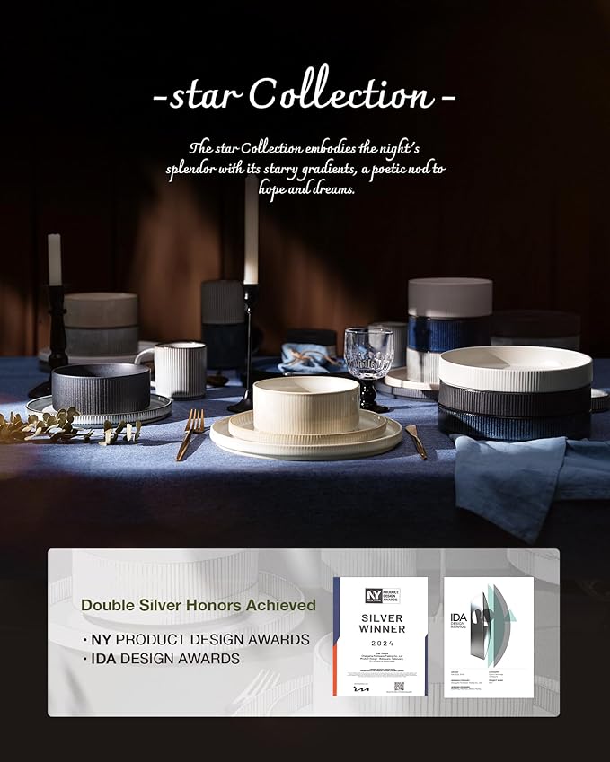 famiware Star Plates and Bowls Sets, Modern Stoneware Dinnerware Sets for 8, 24-Piece Kitchen Dish Set - Microwave and Dishwasher Safe, Chip and Scratch Resistant, Matte White