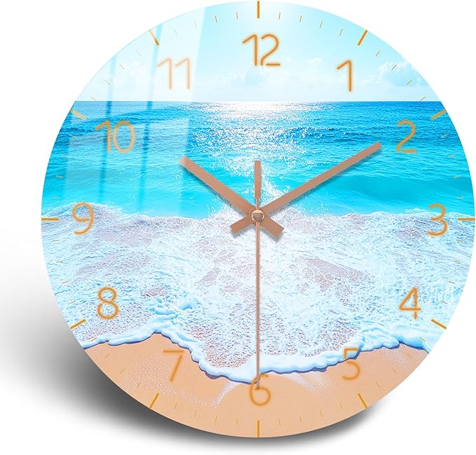 Beach Wall Clock 12 inch Battery Operated Modern Wall-Clock Sea Star Pattern Clocks Analog Wooden Clock Non Ticking for Bedroom, Office Decor