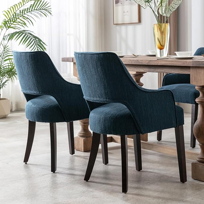 Farmhouse Dining Chairs Set of 2 Upholstered Linen Kitchen Chairs Accent Side Chair with Solid Wood Legs/Armrest for Living Room/Dining Room/Bedroom/Restaurant, Blue