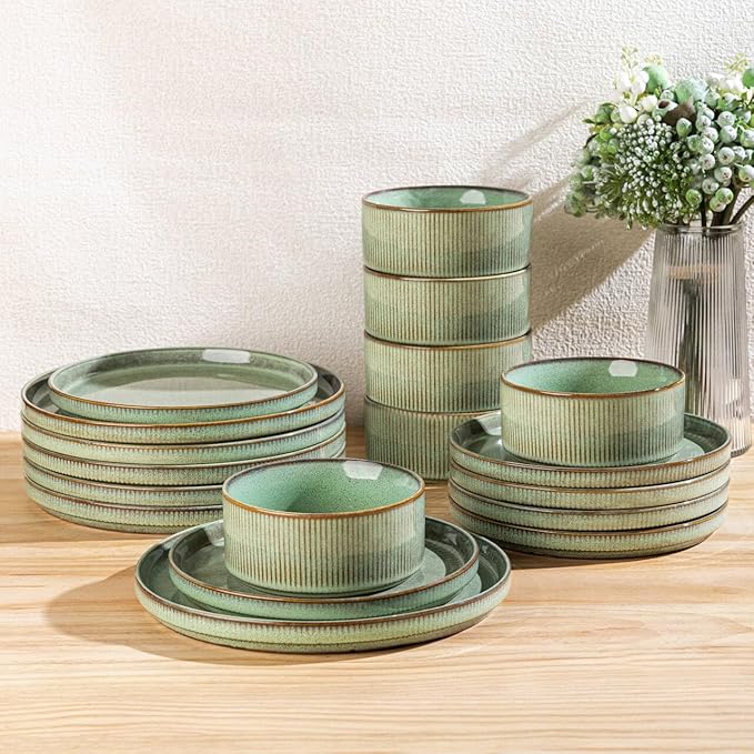 GBHOME Stoneware Dinnerware Sets for 4,Round Reactive Glaze Ceramic Plates and Bowls Set,Highly Scratch Resistant | Dishwasher & Microwave Safe Dishes Set,Service for 4(12Pcs),Pastel Green