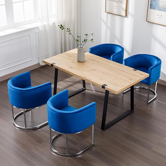 Velvet Dining Chairs Modern Barrel Arm Chairs with Chrome Metal Frame, Upholstered Kitchen Chairs 18.5" Wide Accent Chair for Living Room Dining Room Restaurant, Blue