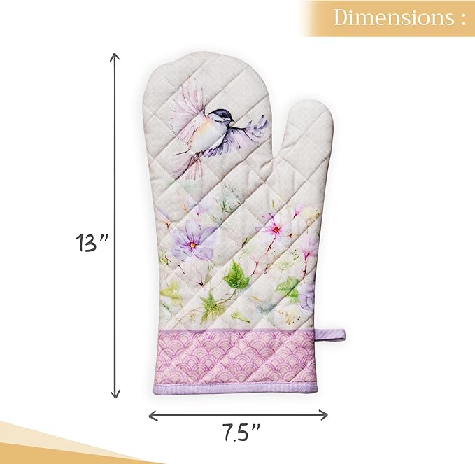 Maison d' Hermine 100% Cotton Oven Mitt & Pot Holder Set (7.5"x13" & 8"x8") Heat Resistant BBQ Cooking Gloves with Loop, Baking, Grilling, Kitchen, Handling Hot Pans Spring/Summer (Magnolia Mornings)