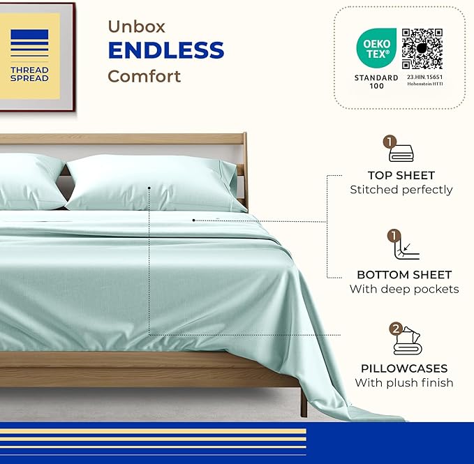 THREAD SPREAD 100% Egyptian Cotton Bed Sheets Queen Size Set - 4 PC High Thread Count Egyptian Cotton Queen Size Sheets Deep Pocket 16" (Sea Foam), Soft Cooling Sateen Luxury Hotel Bed Sheet