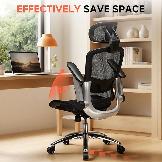 COMHOMA Big and Tall Ergonomic Mesh Office Chair, High Back Home Desk Chair Computer Gaming Chair with Headrest, Flip-Up Arms, 90-125° Tilt Lock and Wide Cushion, Task Chair for Man Woman- Black